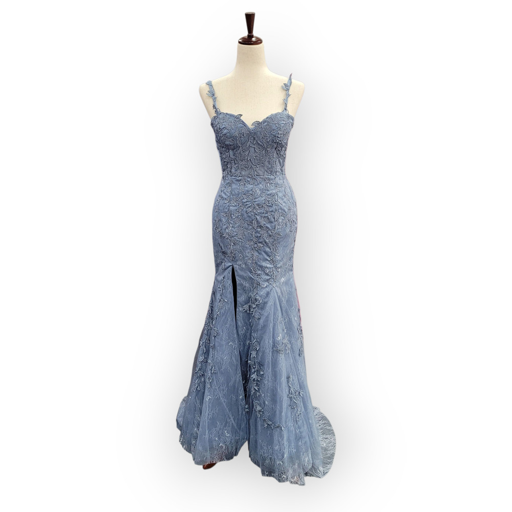 Blue Lace corset floral gown w/ high slit
